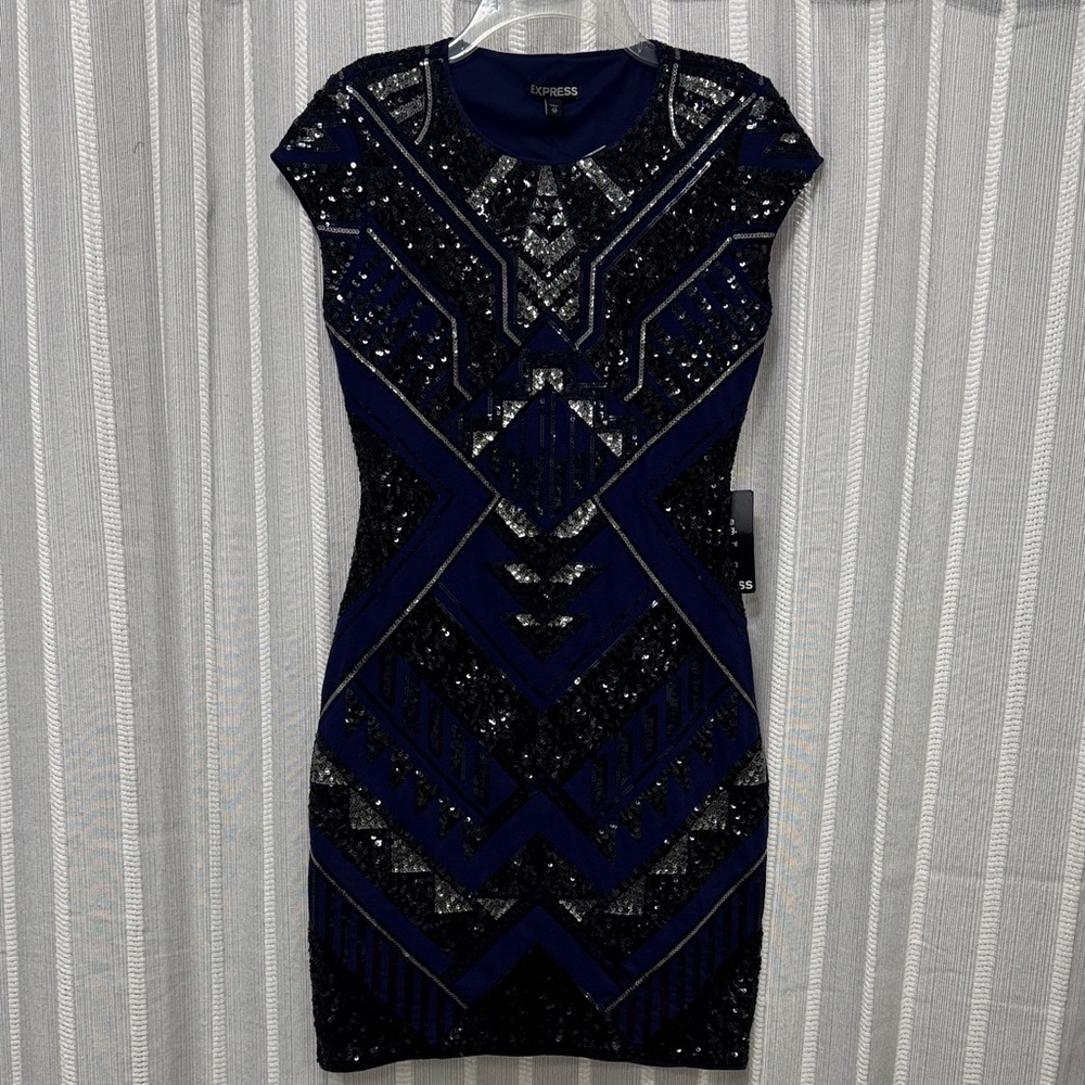 Express Black and Royal Blue / Purple Geometric Sequin Mini Dress size‎ XS NWT